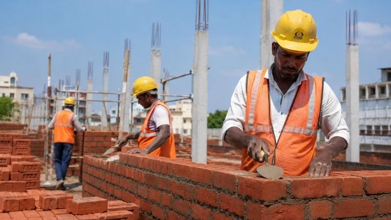 Best bricks dealer in Chennai – construction workers laying bricks on site