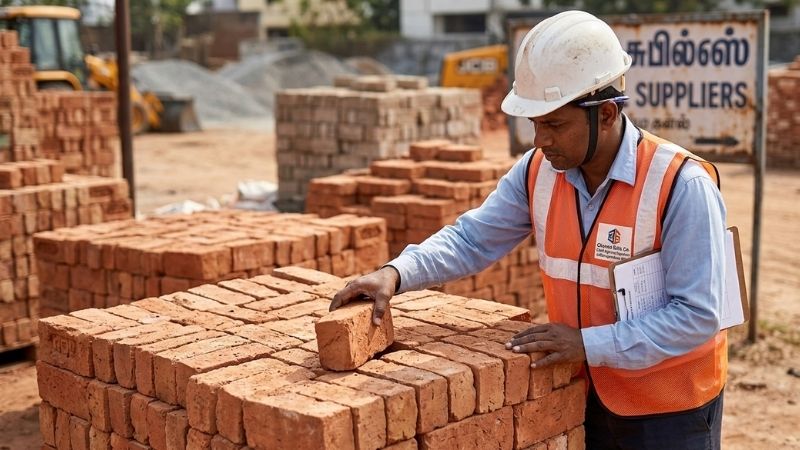 Quality inspection of bricks at a supplier yard in Chennai