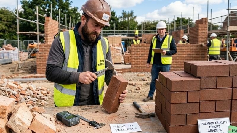Worker testing brick quality before construction